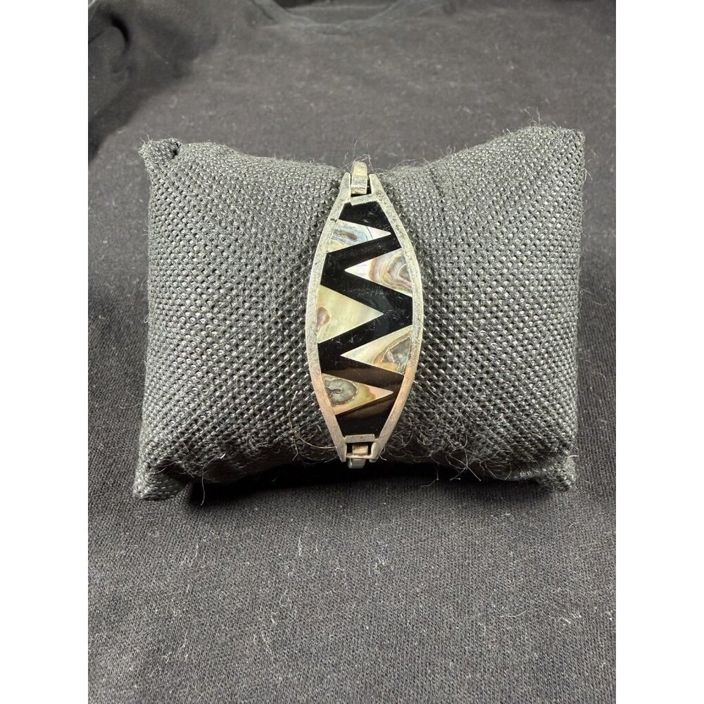 Vintage 925 Sterling Silver Abalone Onyx Inlay Bracelet Hinged 13.93g MCM